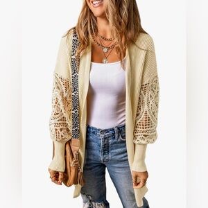 Women's Beige Crochet Lace Sleeve Ribbed Knit Open Front Cardigan Size Large